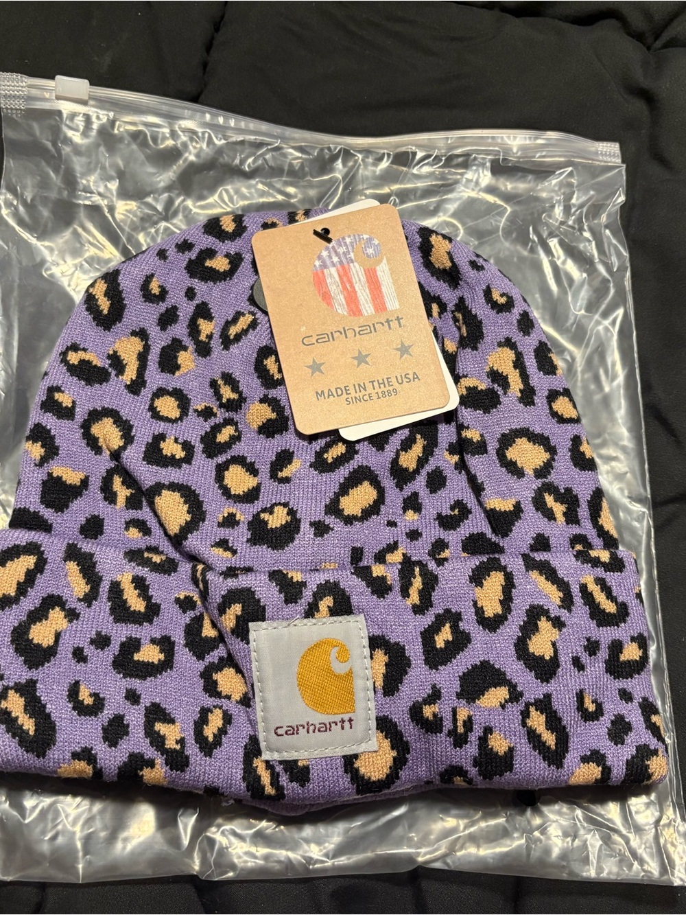 Carhartt Kids Purple & Black Leopard Cuffed Beanie with Gold Logo